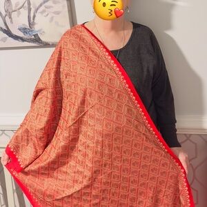 Beautiful Red & Gold Embroidered Woman's Sari Shawl Scarf Stole Soft Wrap 29x80